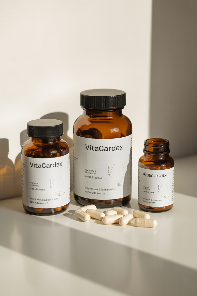 Amber supplement bottles and capsules on a bright surface representing VitaCardex packaging style
